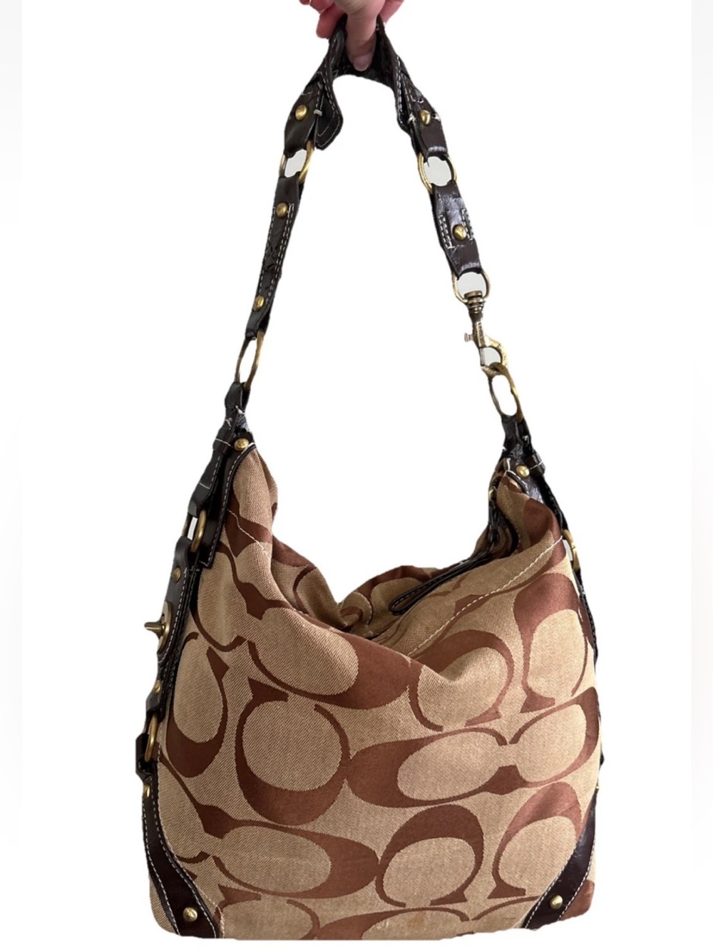 COACH VTG Y2K SIGNATURE CARLY HOBO Slouchy ShoulderBag BROWN Turnlock 10620 RARE